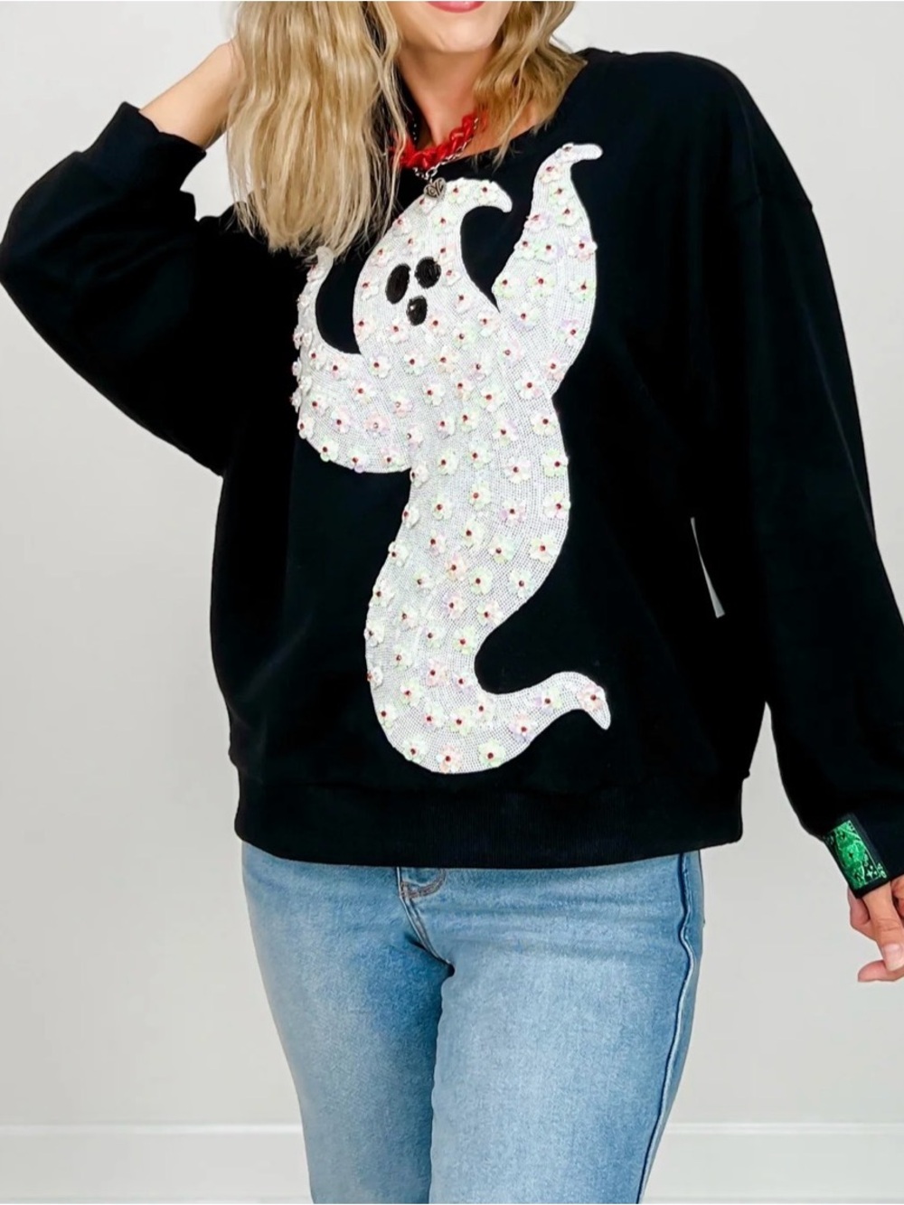 RARE QUEEN OF SPARKLES Black Crewneck with Embellished White Ghost Appliqué NWT